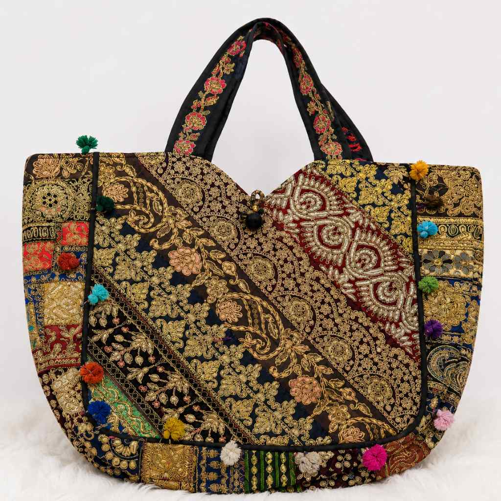 Ethnic Multicolor Embroidered Zari Tote Bag for Women