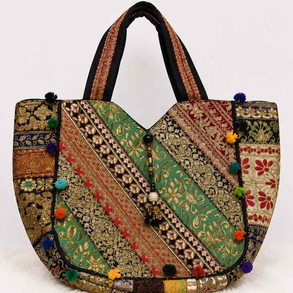 Ethnic Multicolor Embroidered Zari Tote Bag for Women