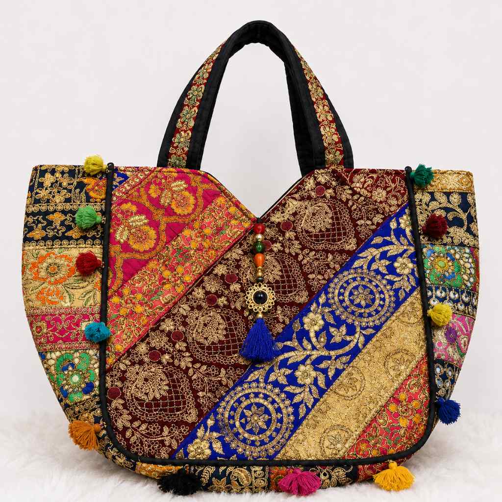 Ethnic Multicolor Embroidered Zari Tote Bag for Women
