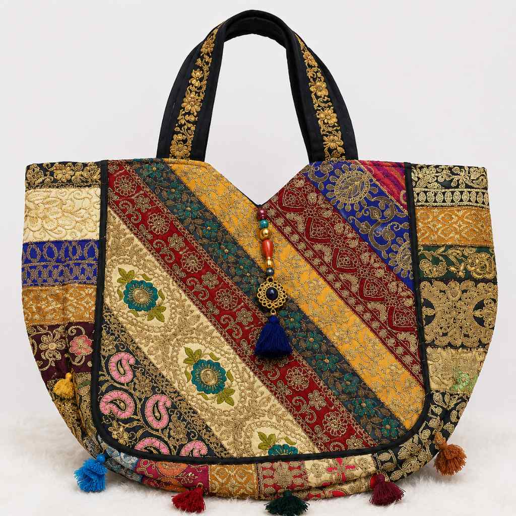 Ethnic Multicolor Embroidered Zari Tote Bag for Women