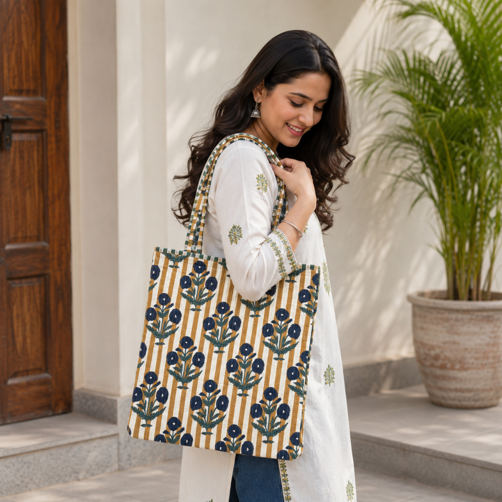Trendy Floral Printed Jaipuri Tote Bag for Women
