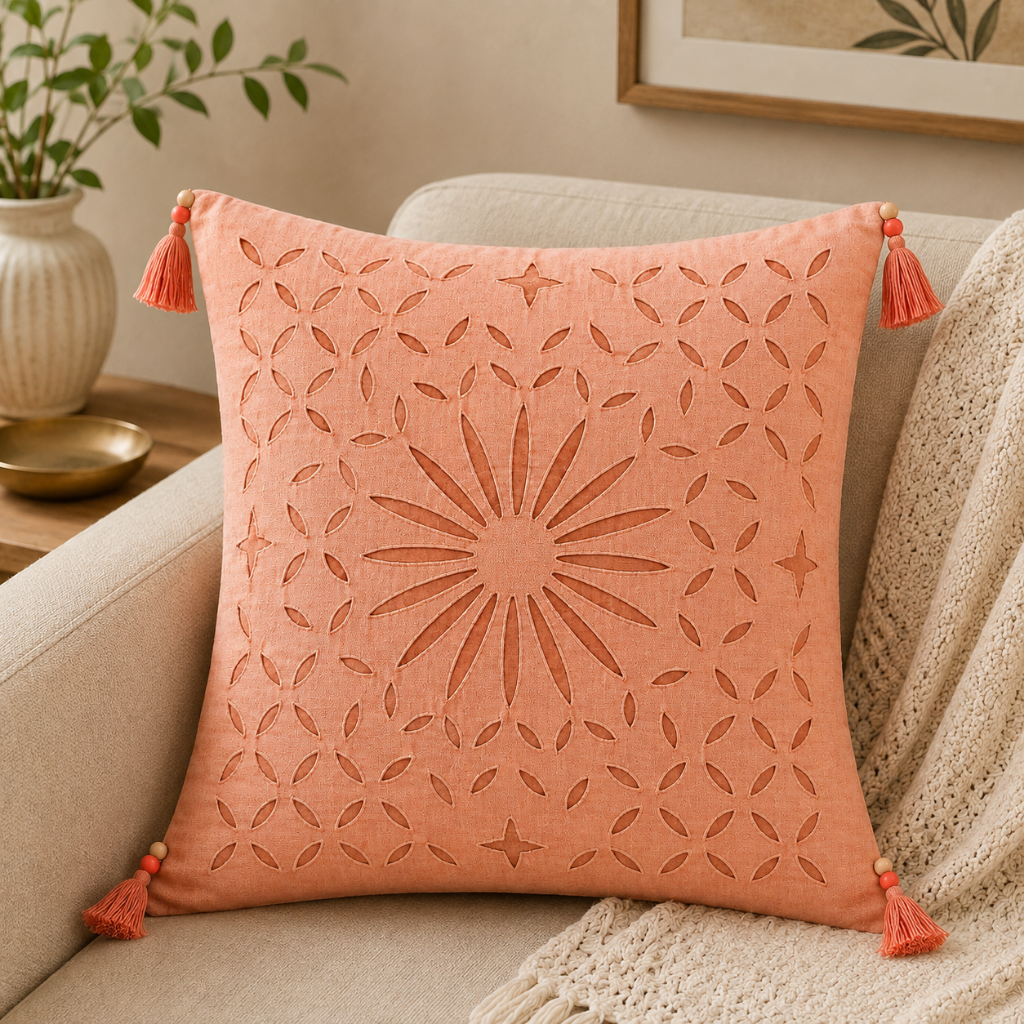 Detailed Applique Cutwork Cushion Cover for Home