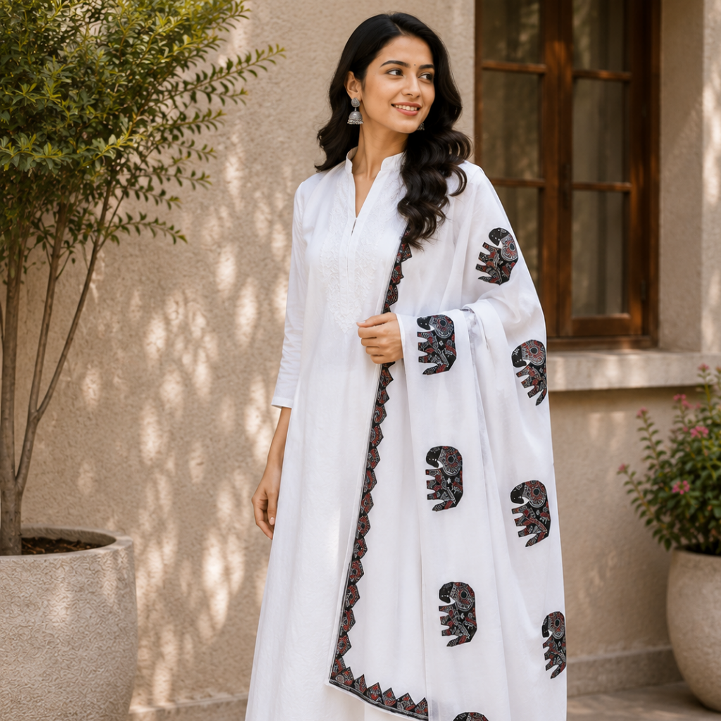 Ethnic Animal Motifs White Applique Dupatta