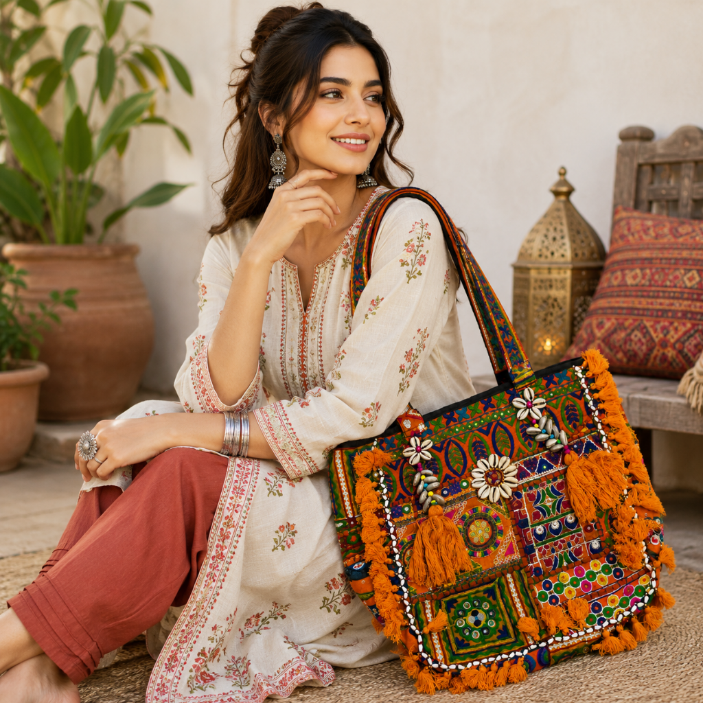 Heritage Embroidered Banjara Tote Bag with Tassels