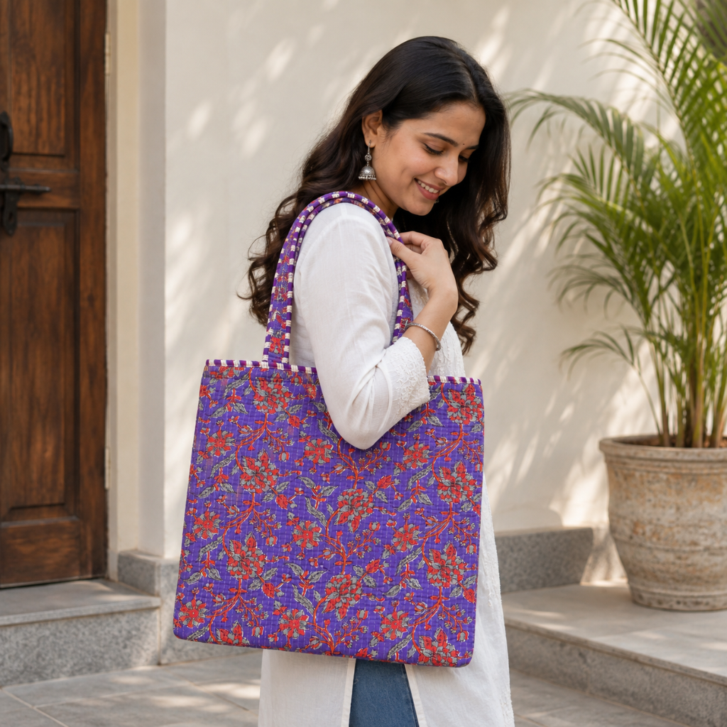 Trendy Floral Printed Jaipuri Tote Bag for Women