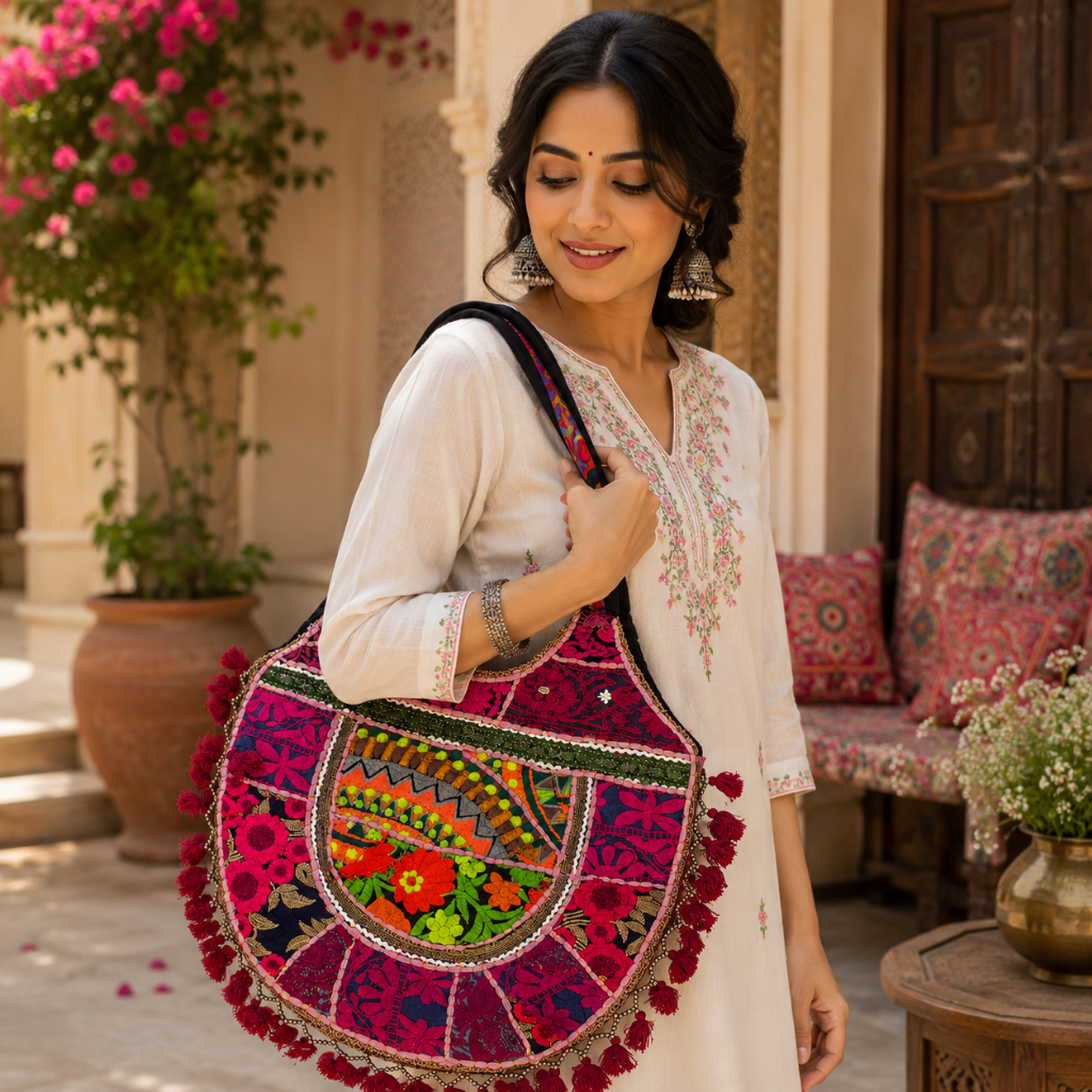 Vintage Noir Tassel Embroidered Tote Bag for Women
