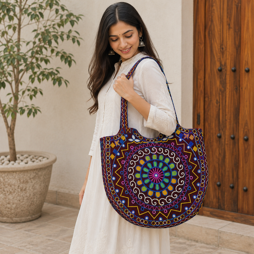 Geometric Motifs Embroidered Rajasthani Tote Bag