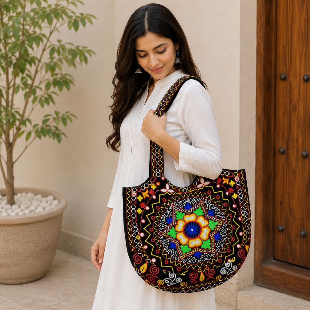 Geometric Motifs Embroidered Rajasthani Tote Bag
