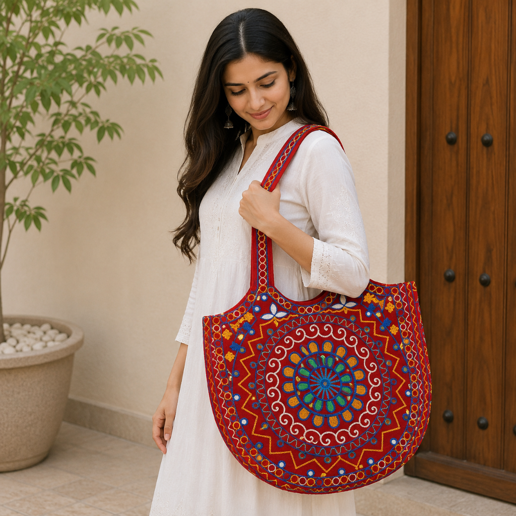 Geometric Motifs Embroidered Rajasthani Tote Bag