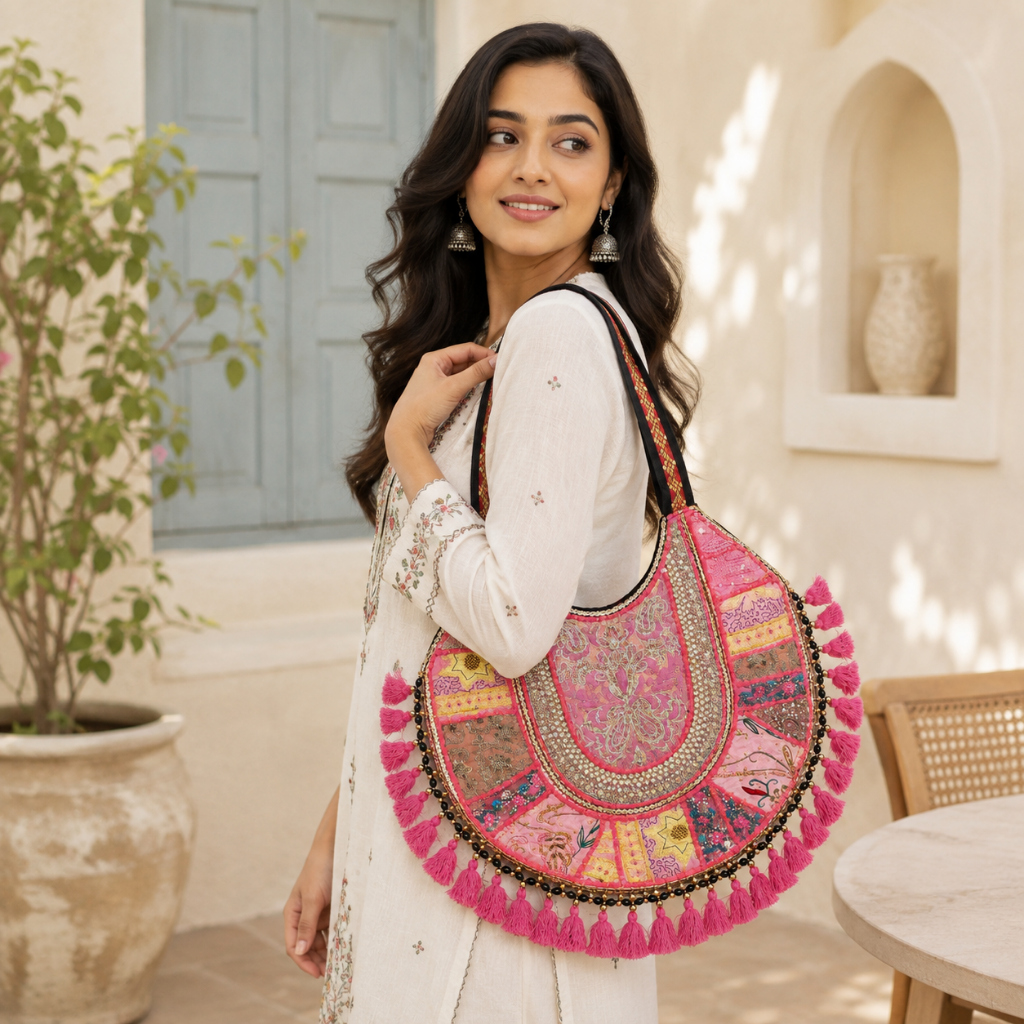 Pastel Weave Zari Embroidered Tote Bag for Women
