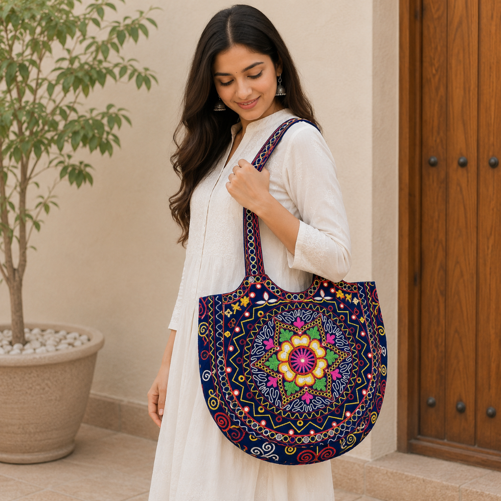 Geometric Motifs Embroidered Rajasthani Tote Bag