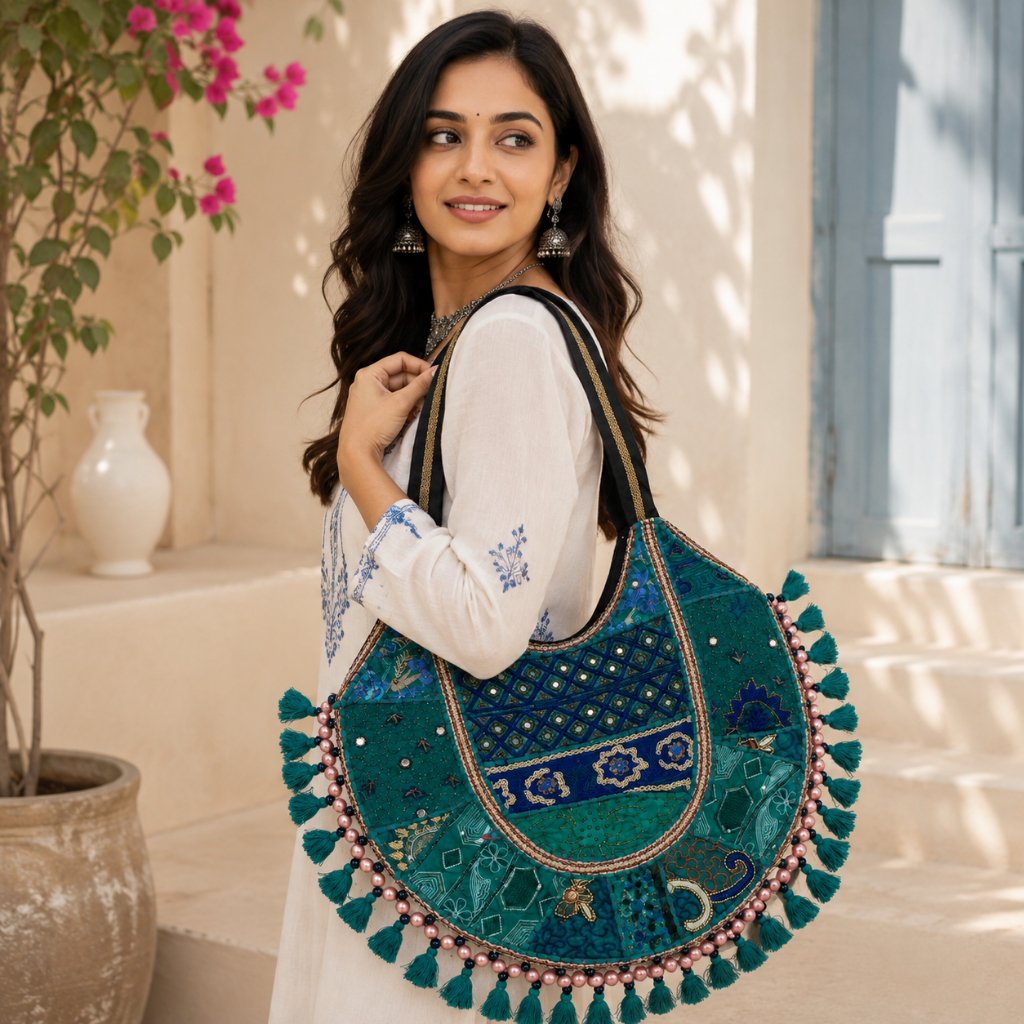 Pastel Weave Zari Embroidered Tote Bag for Women