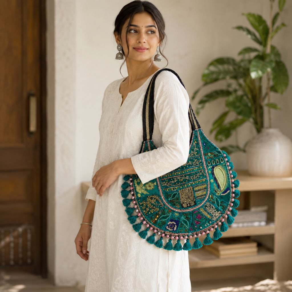Pastel Weave Zari Embroidered Tote Bag for Women