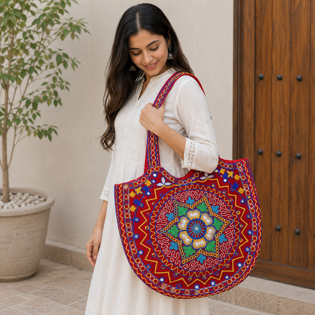 Geometric Motifs Embroidered Rajasthani Tote Bag