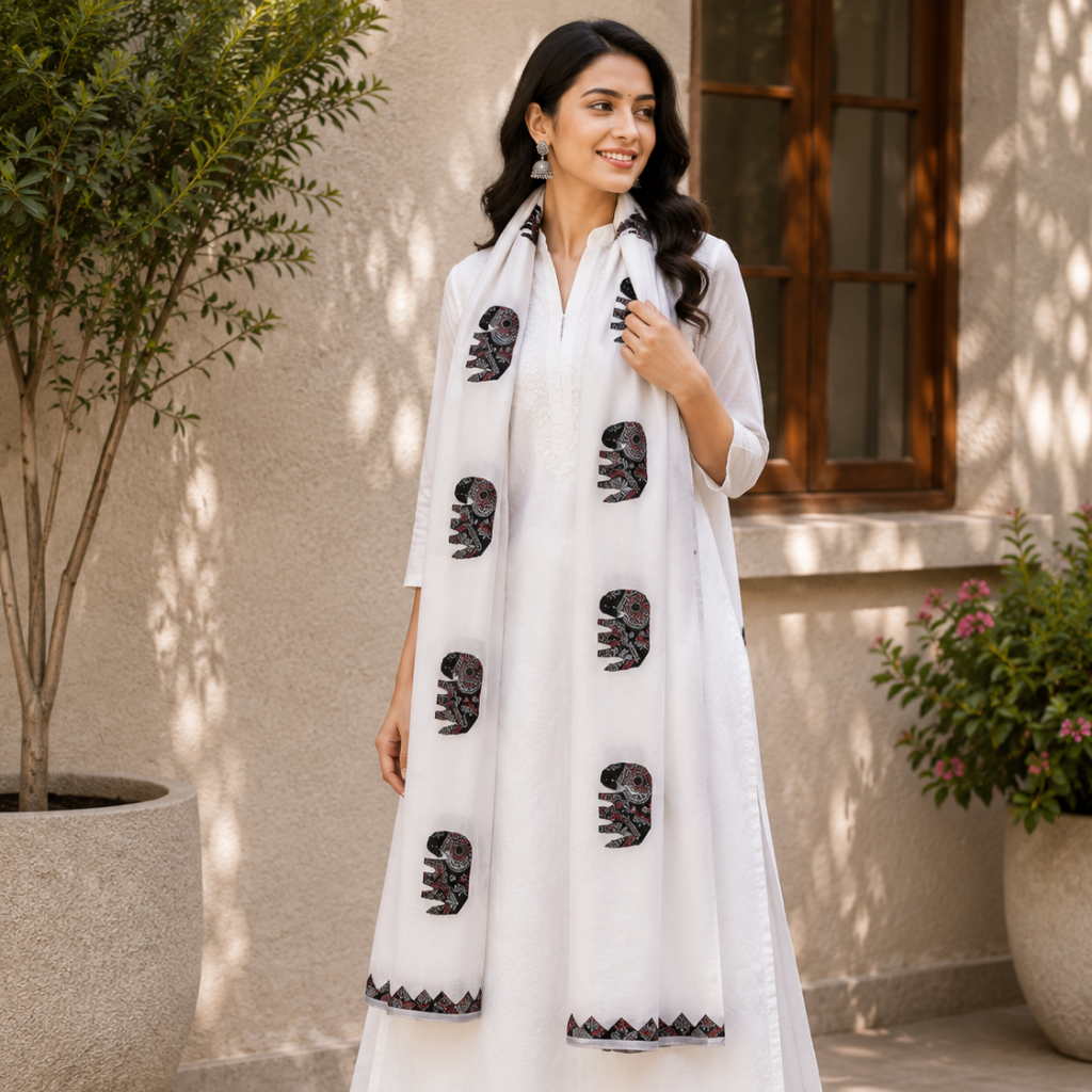 Ethnic Animal Motifs White Applique Dupatta