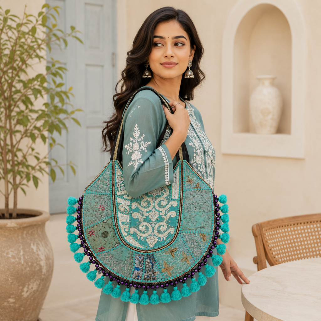 Pastel Weave Zari Embroidered Tote Bag for Women