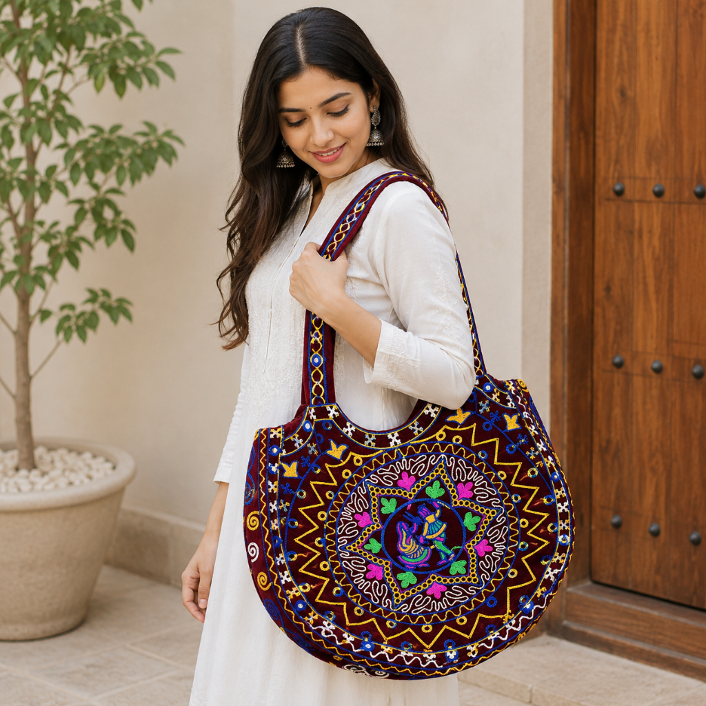 Geometric Motifs Embroidered Rajasthani Tote Bag