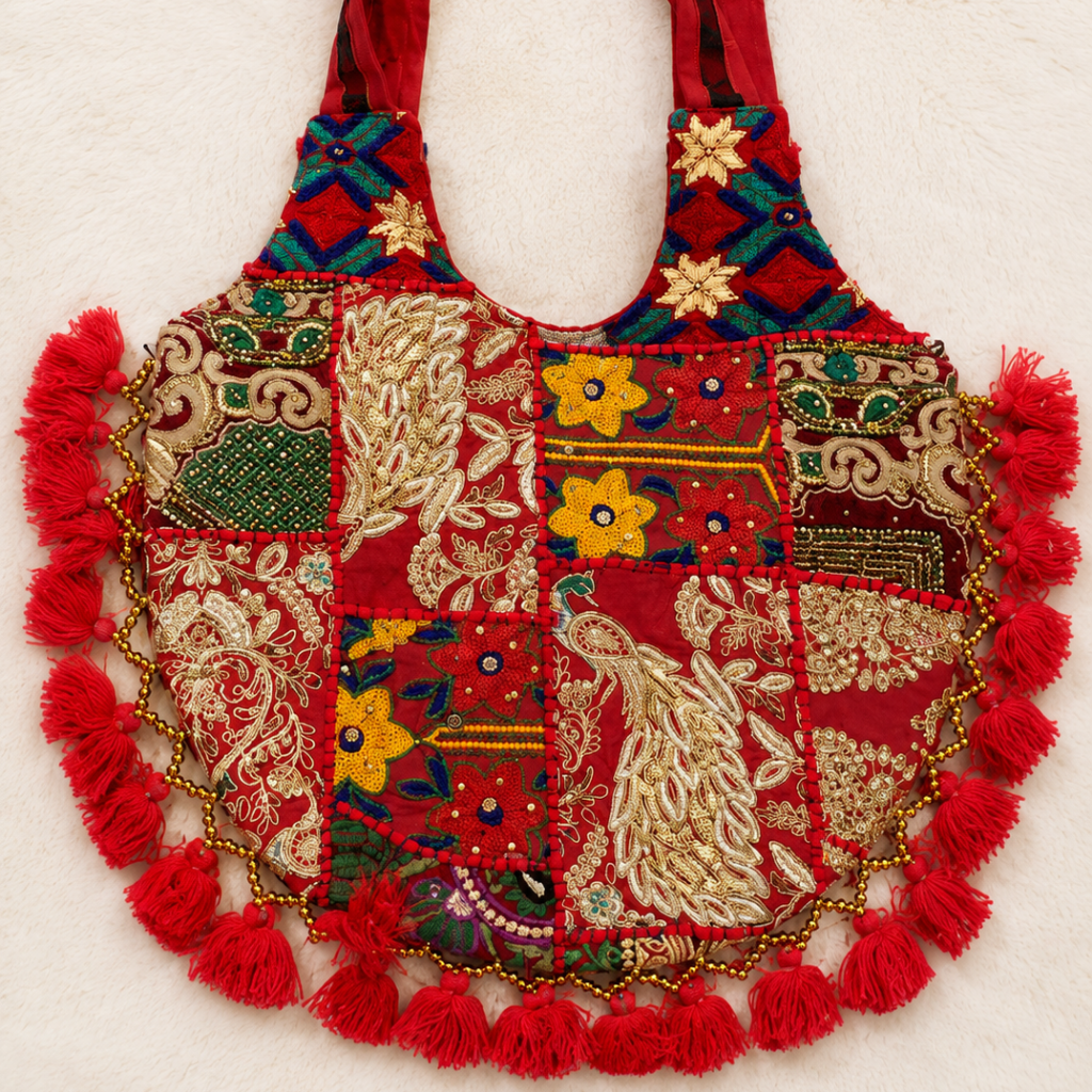 Rainbow Hues Tassel Embroidered Boho Tote Bag