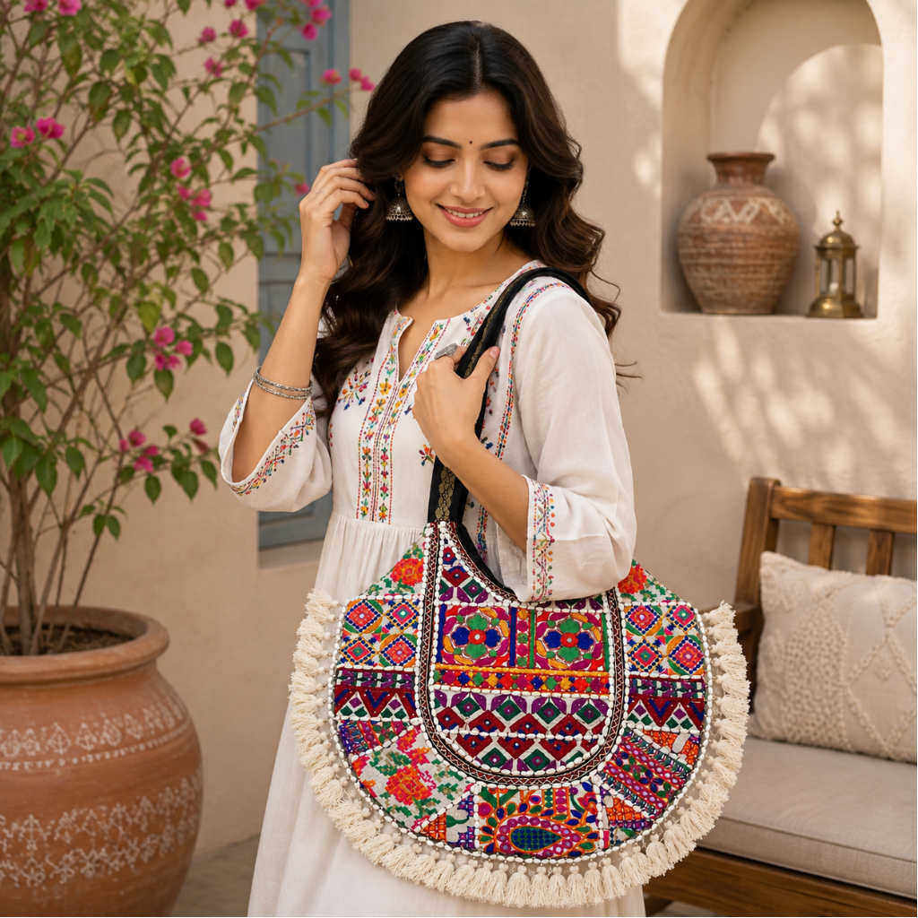 Rainbow Hues Tassel Embroidered Boho Tote Bag
