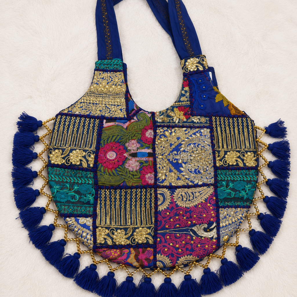 Rainbow Hues Tassel Embroidered Boho Tote Bag