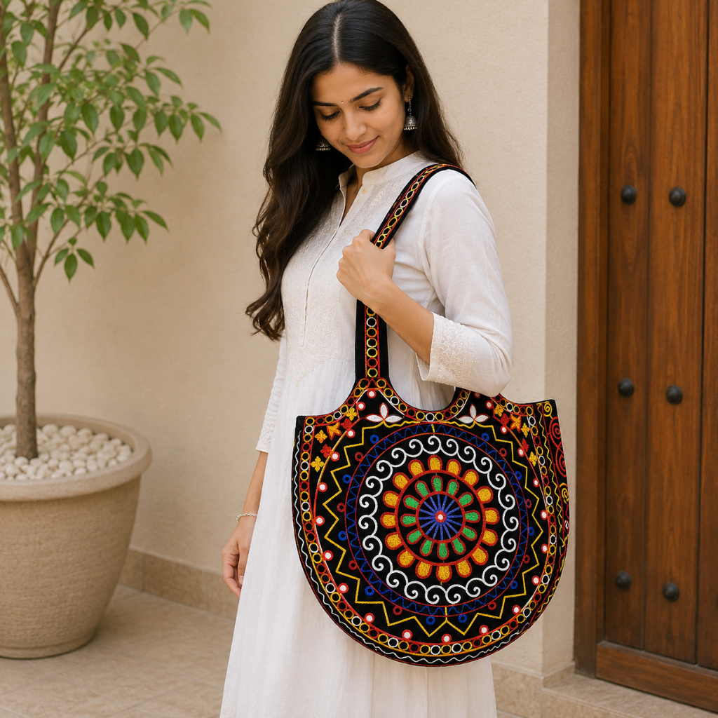 Geometric Motifs Embroidered Rajasthani Tote Bag