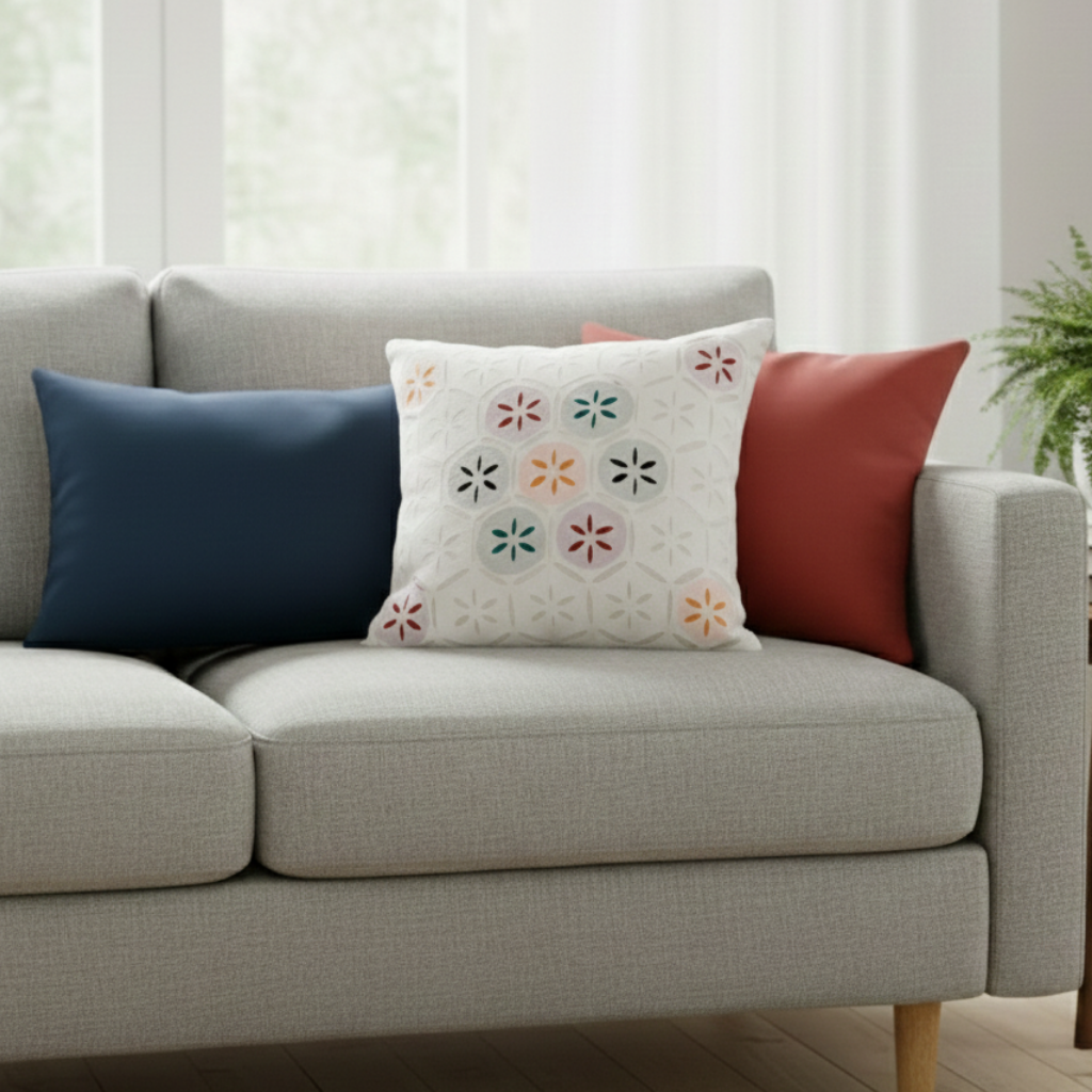 Bloom Essence White Applique Cutwork Cushion Cover