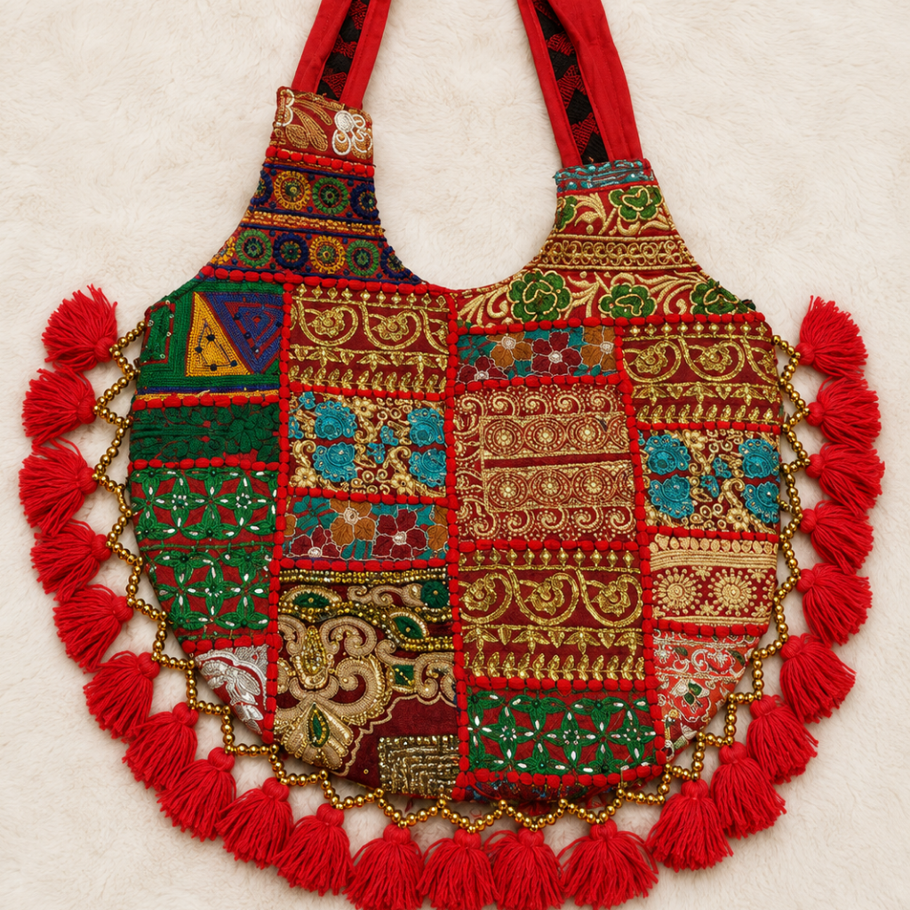 Rainbow Hues Tassel Embroidered Boho Tote Bag
