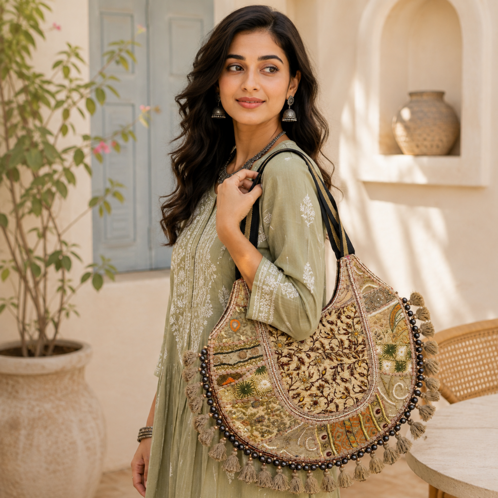 Pastel Weave Zari Embroidered Tote Bag for Women
