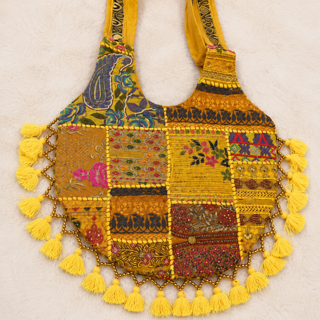 Rainbow Hues Tassel Embroidered Boho Tote Bag