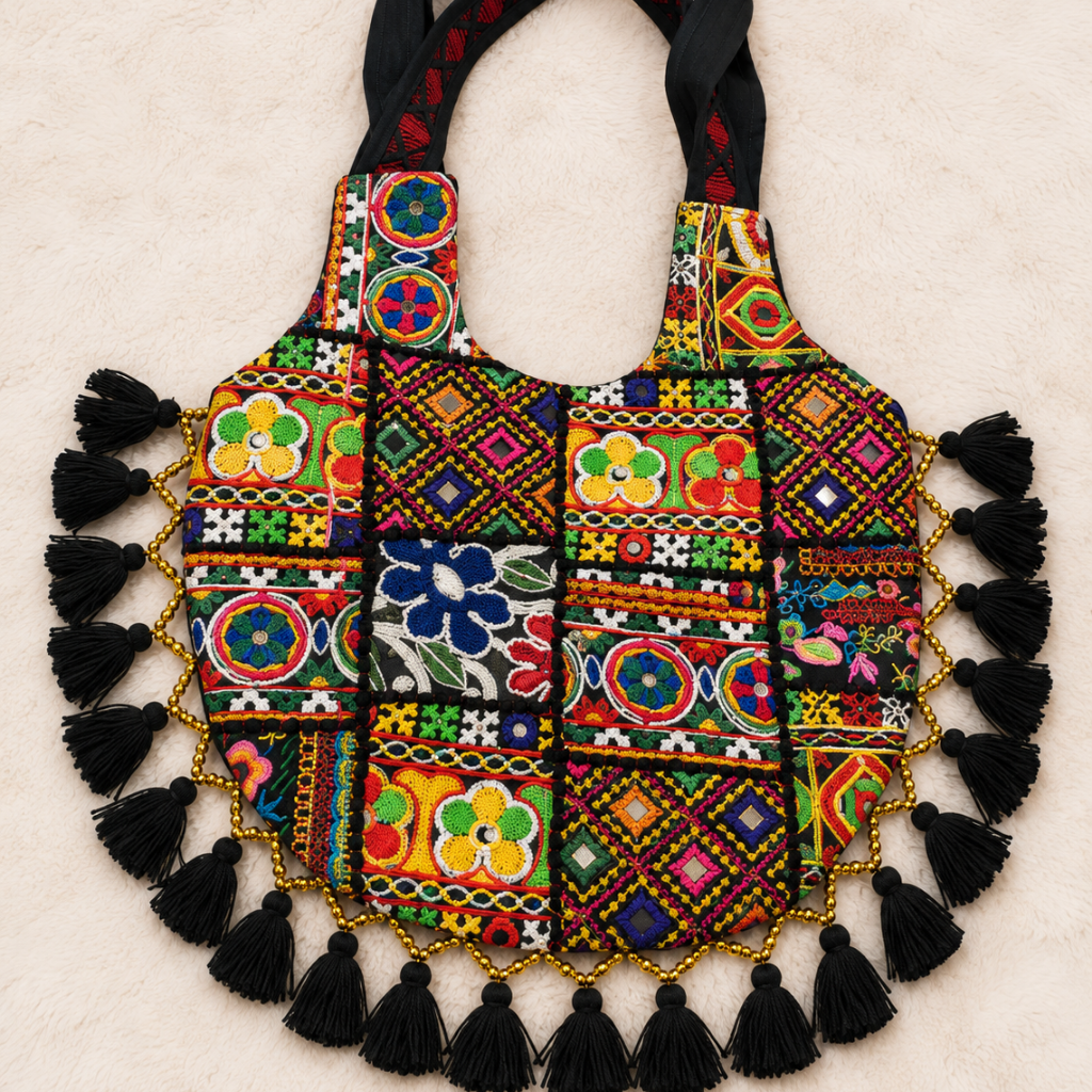 Rainbow Hues Tassel Embroidered Boho Tote Bag