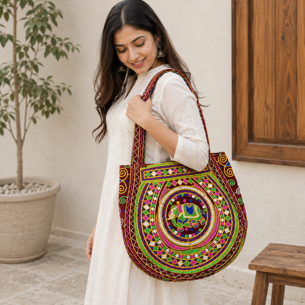 Rajasthani Embroidered Elephant Tote Bag