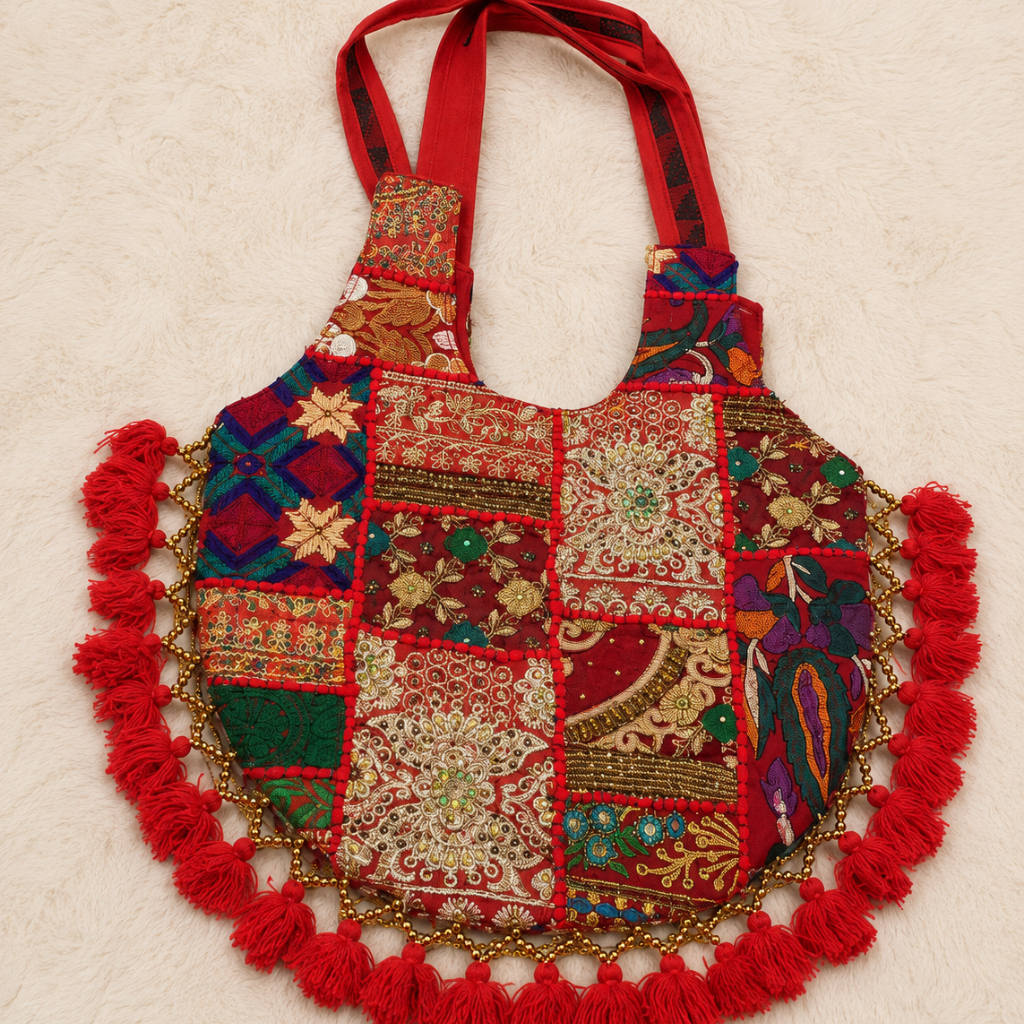 Rainbow Hues Tassel Embroidered Boho Tote Bag