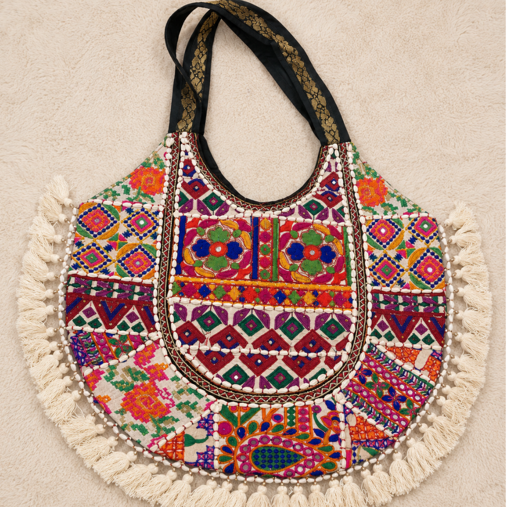 Rainbow Hues Tassel Embroidered Boho Tote Bag