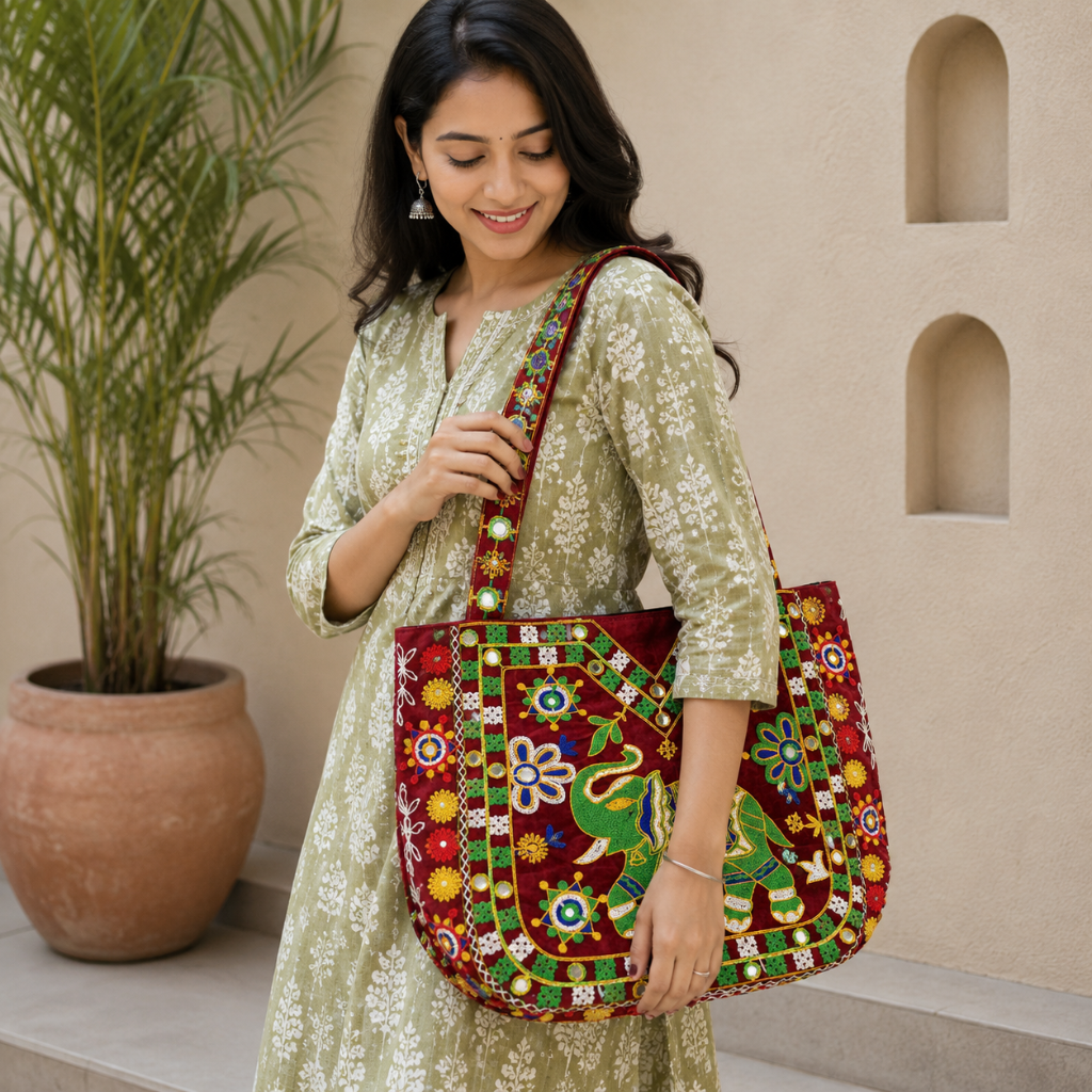 Rajasthani Embroidered Elephant Tote Bag