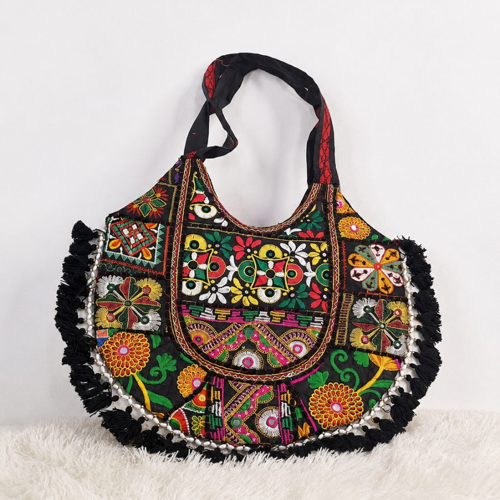 Rainbow Hues Tassel Embroidered Boho Tote Bag