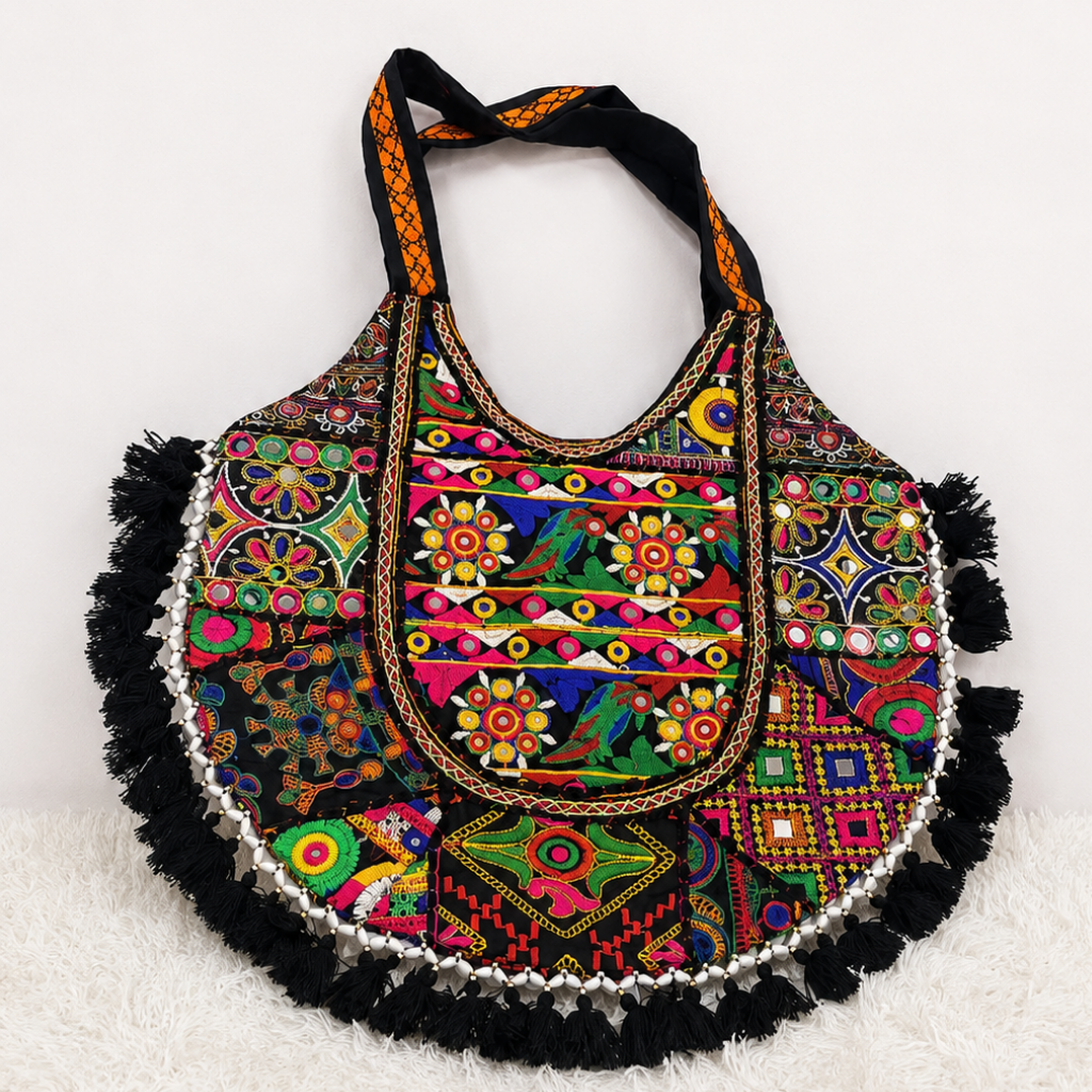 Rainbow Hues Tassel Embroidered Boho Tote Bag