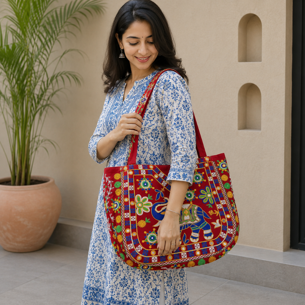 Rajasthani Embroidered Elephant Tote Bag