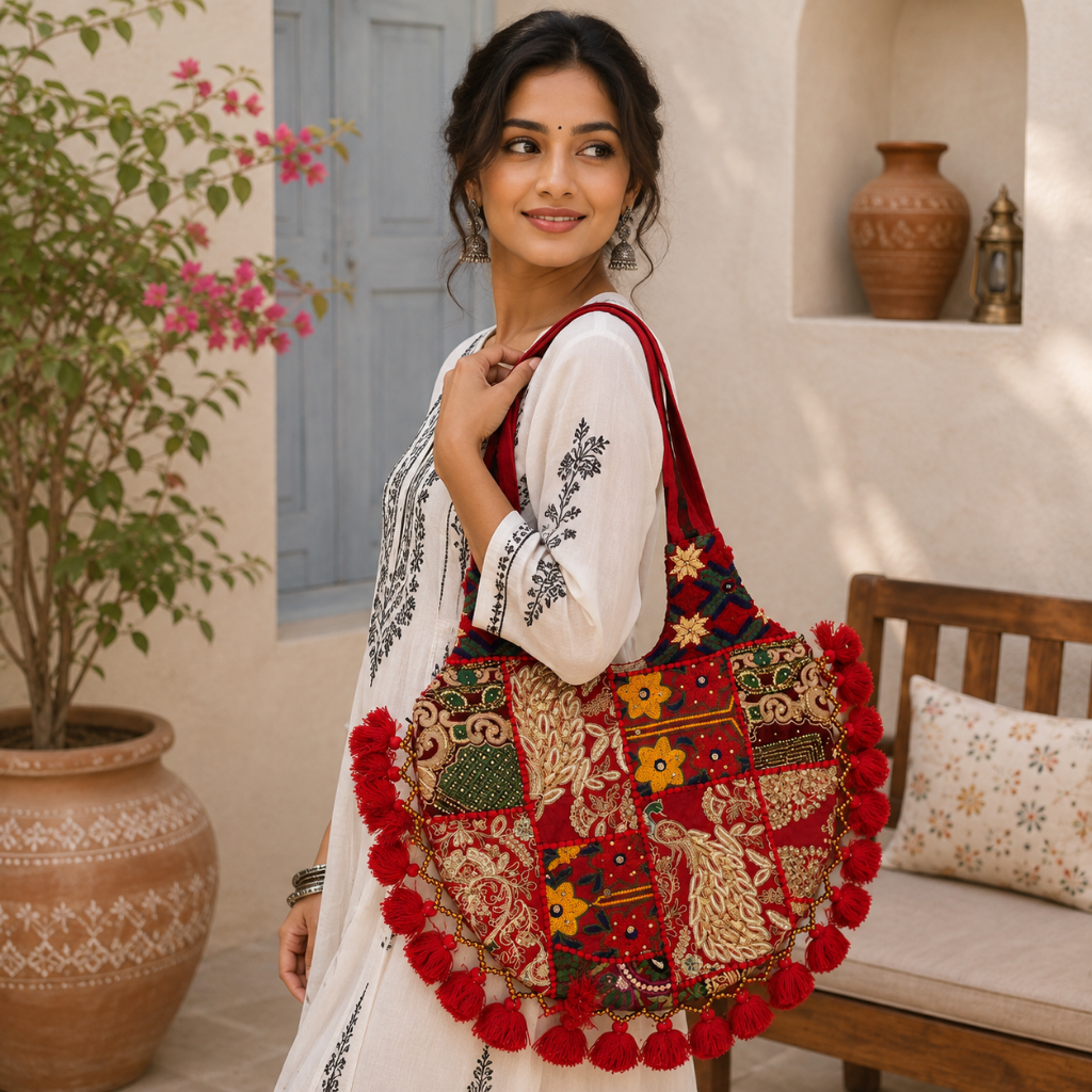 Rainbow Hues Tassel Embroidered Boho Tote Bag