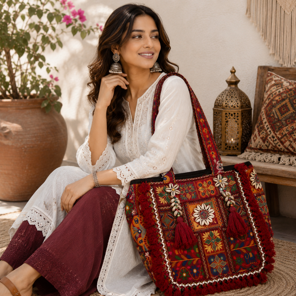 Heritage Embroidered Banjara Tote Bag with Tassels