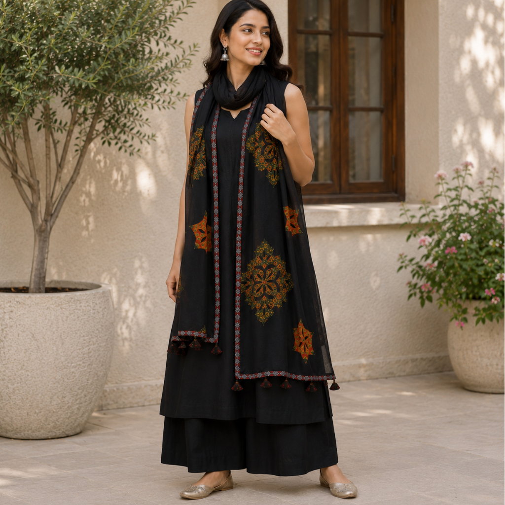 Vintage Paisley Applique Patchwork Black Dupatta