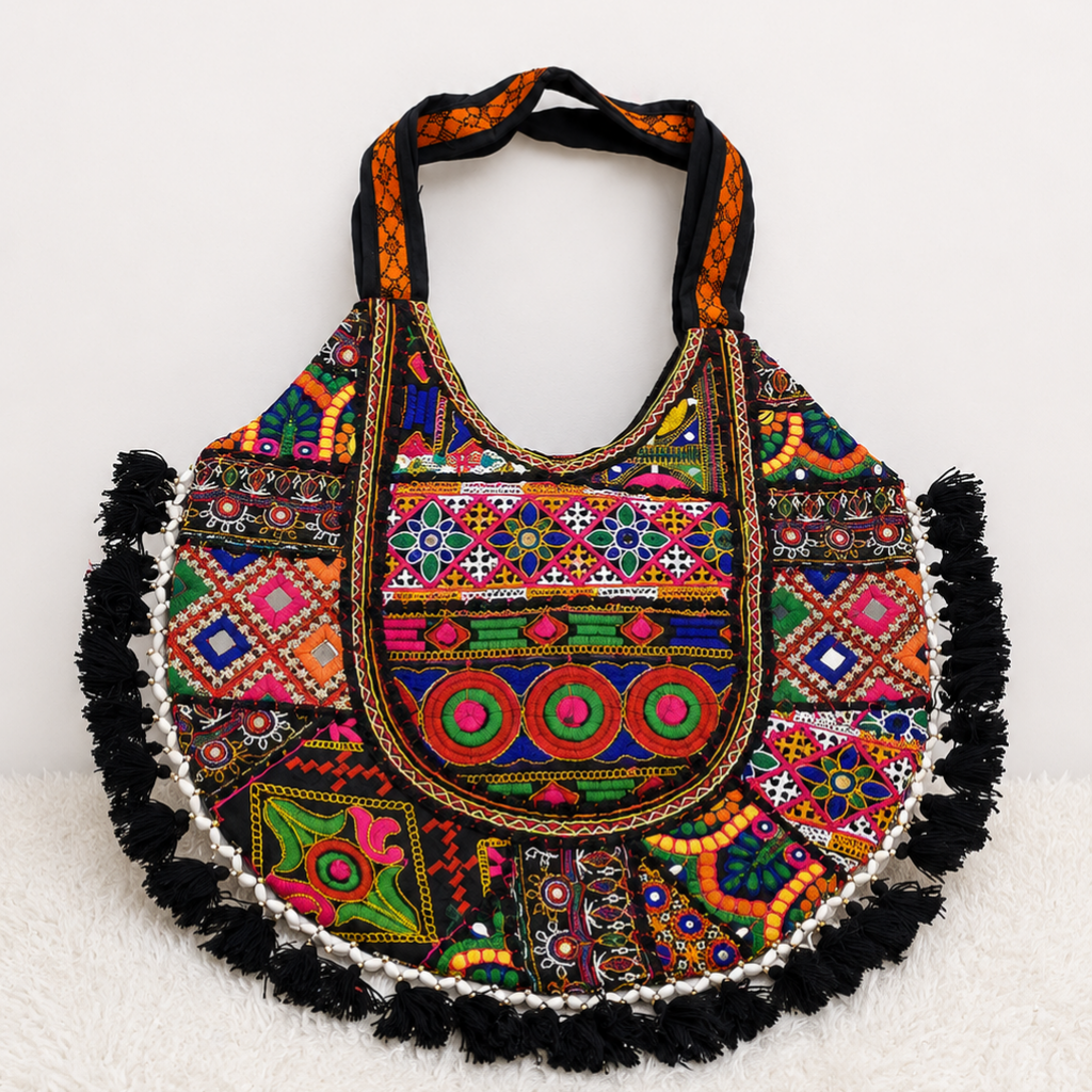 Fusion Hues Boho Tassel Embroidered Tote Bag