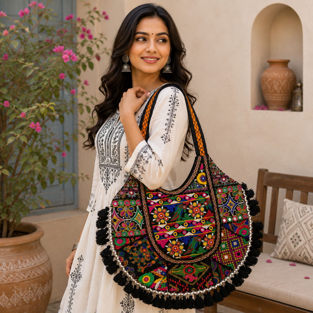 Rainbow Hues Tassel Embroidered Boho Tote Bag