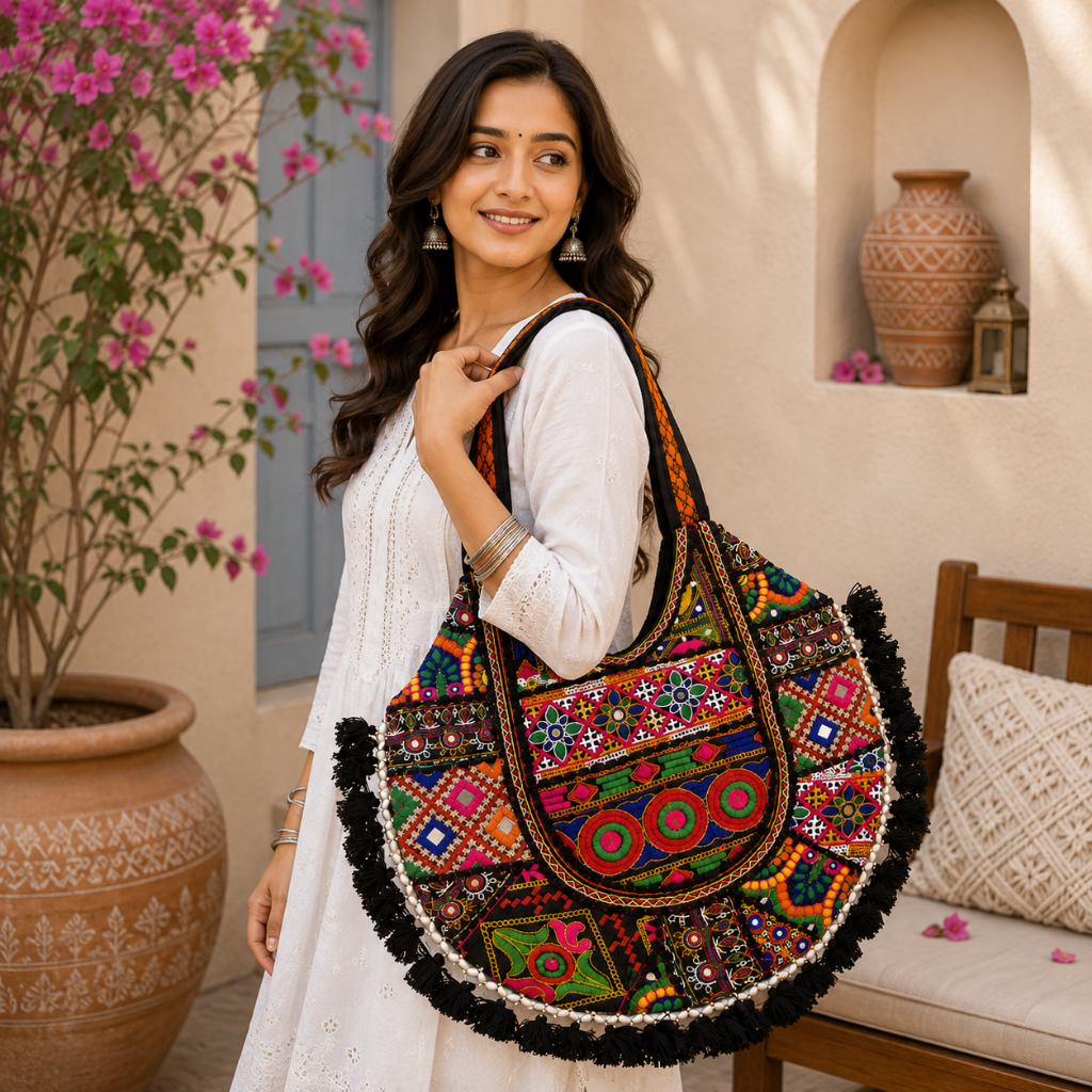 Fusion Hues Boho Tassel Embroidered Tote Bag