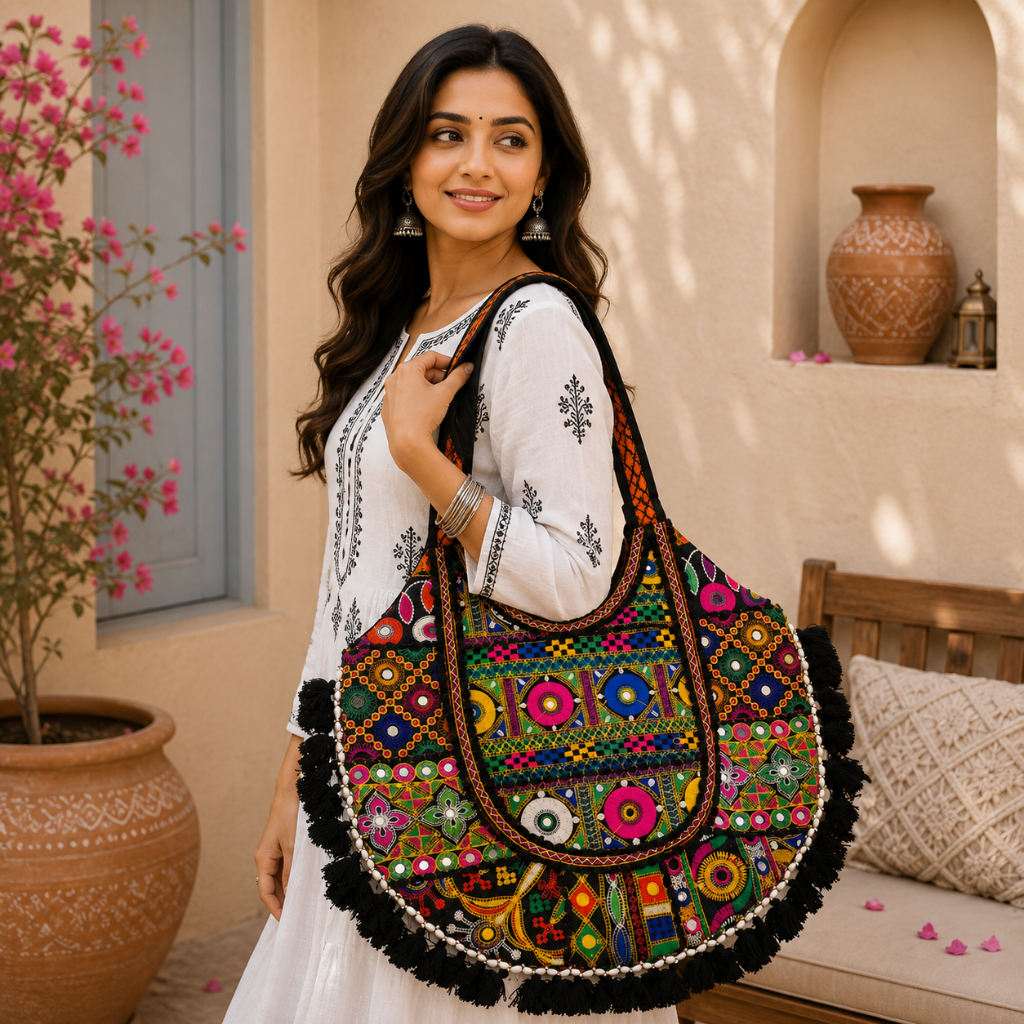 Fusion Hues Boho Tassel Embroidered Tote Bag