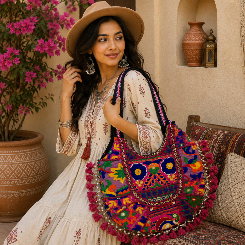 Tribal Hues Boho Embroidered Tote Bag