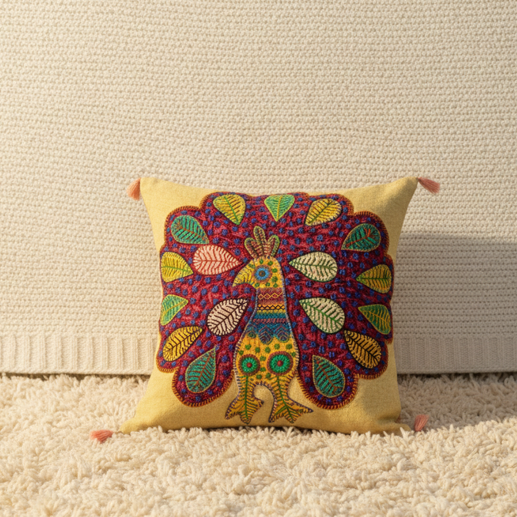 Beige Peacock Charm Embroidered Cotton Cushion Cover