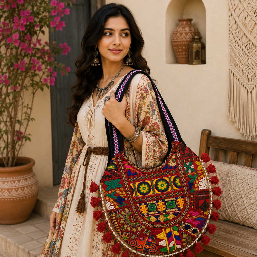 Tribal Hues Boho Embroidered Tote Bag