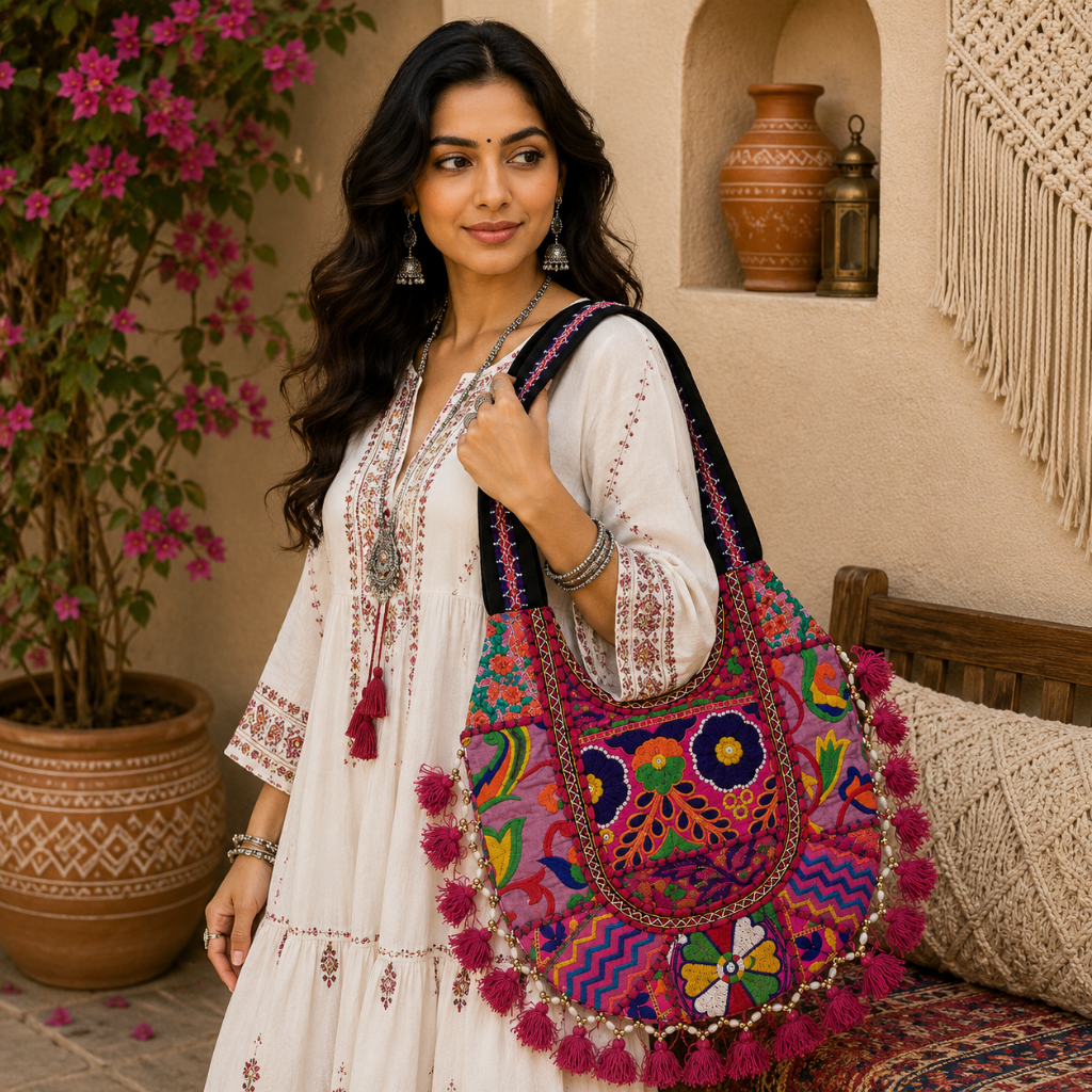 Boho Tassel Embroidered Tote Bag for Women