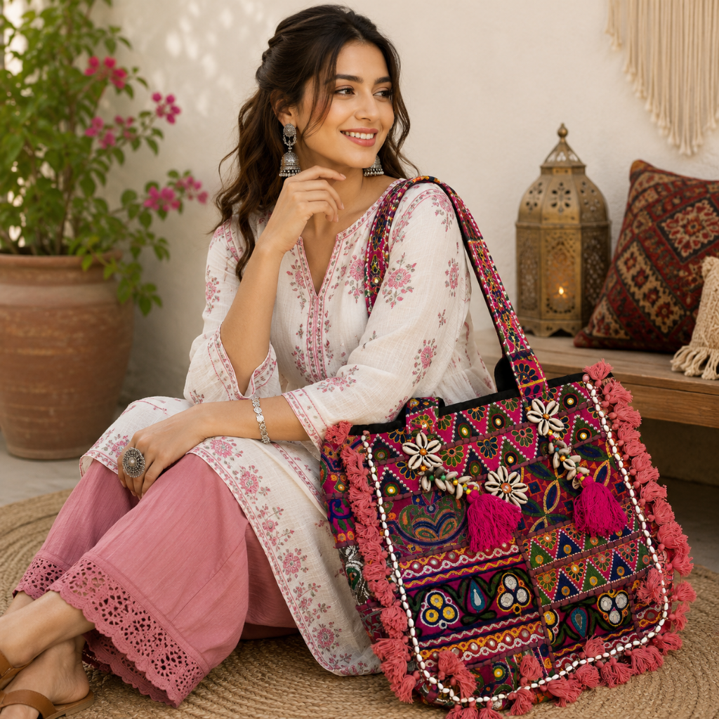 Boho Embroidered Tote Bag with Tassels