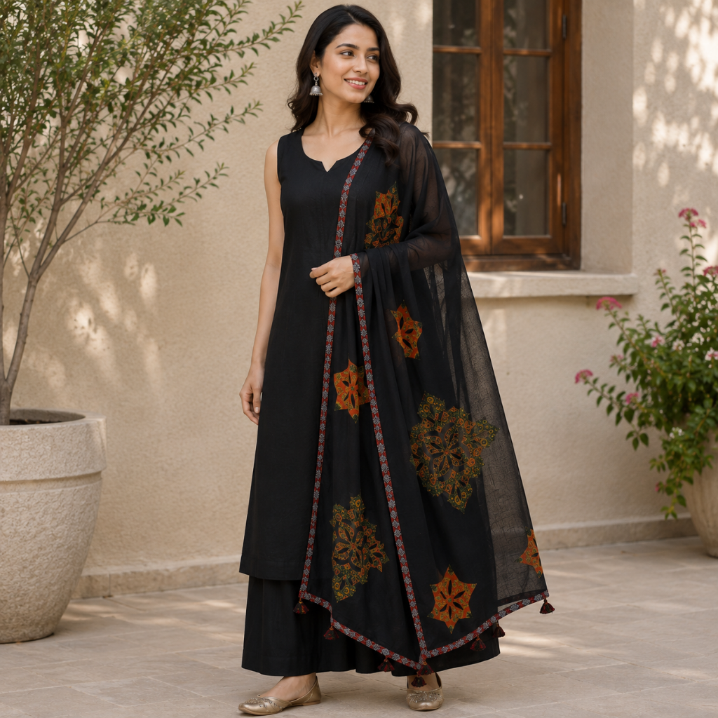 Vintage Paisley Applique Patchwork Black Dupatta
